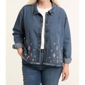 NEW KEREN HART embroidered bloom denim jacket in blue